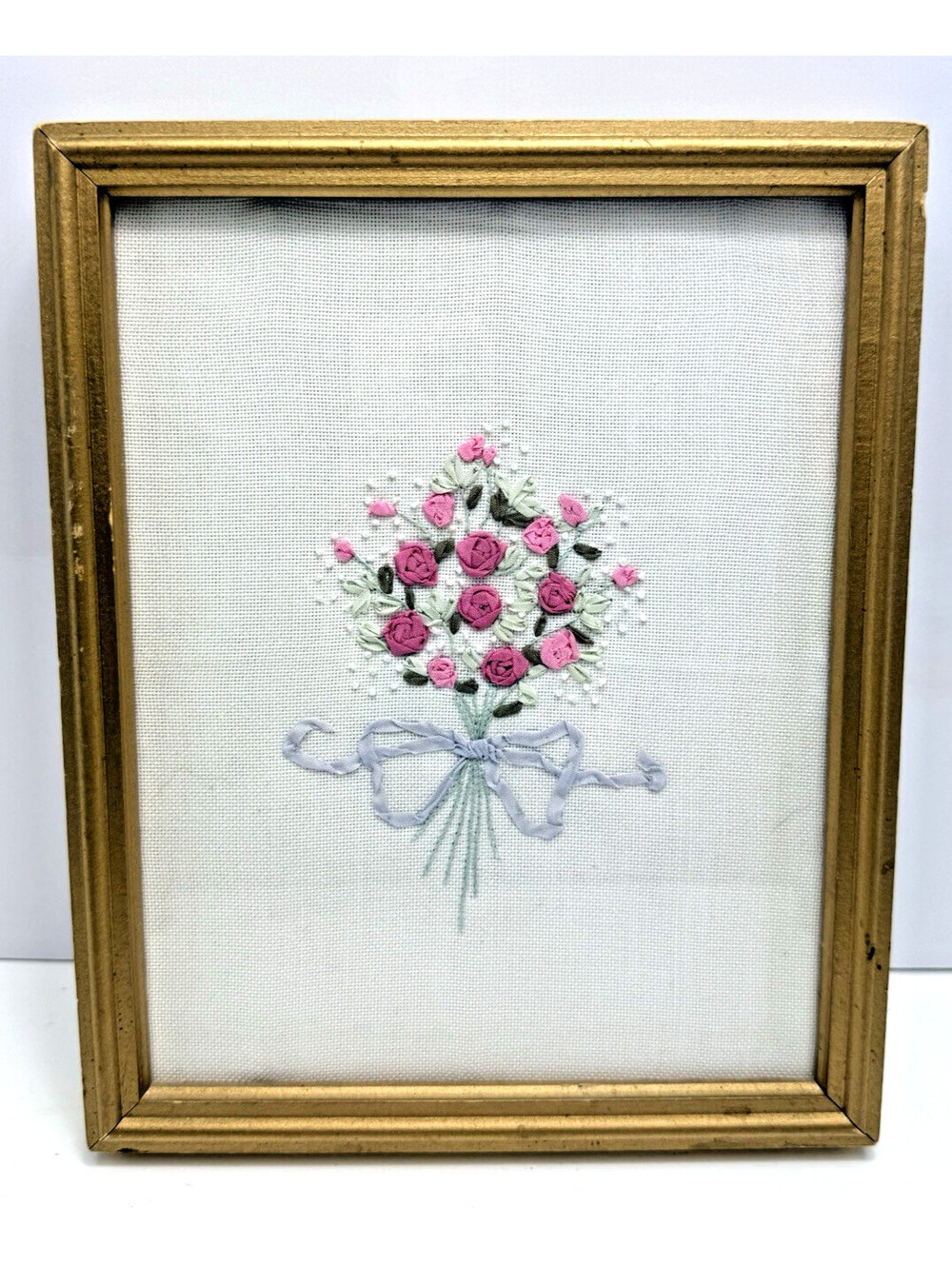Vtg Ribbon Embroidery Rose Bouquet Gold Framed Art Wedding Nursery Decor